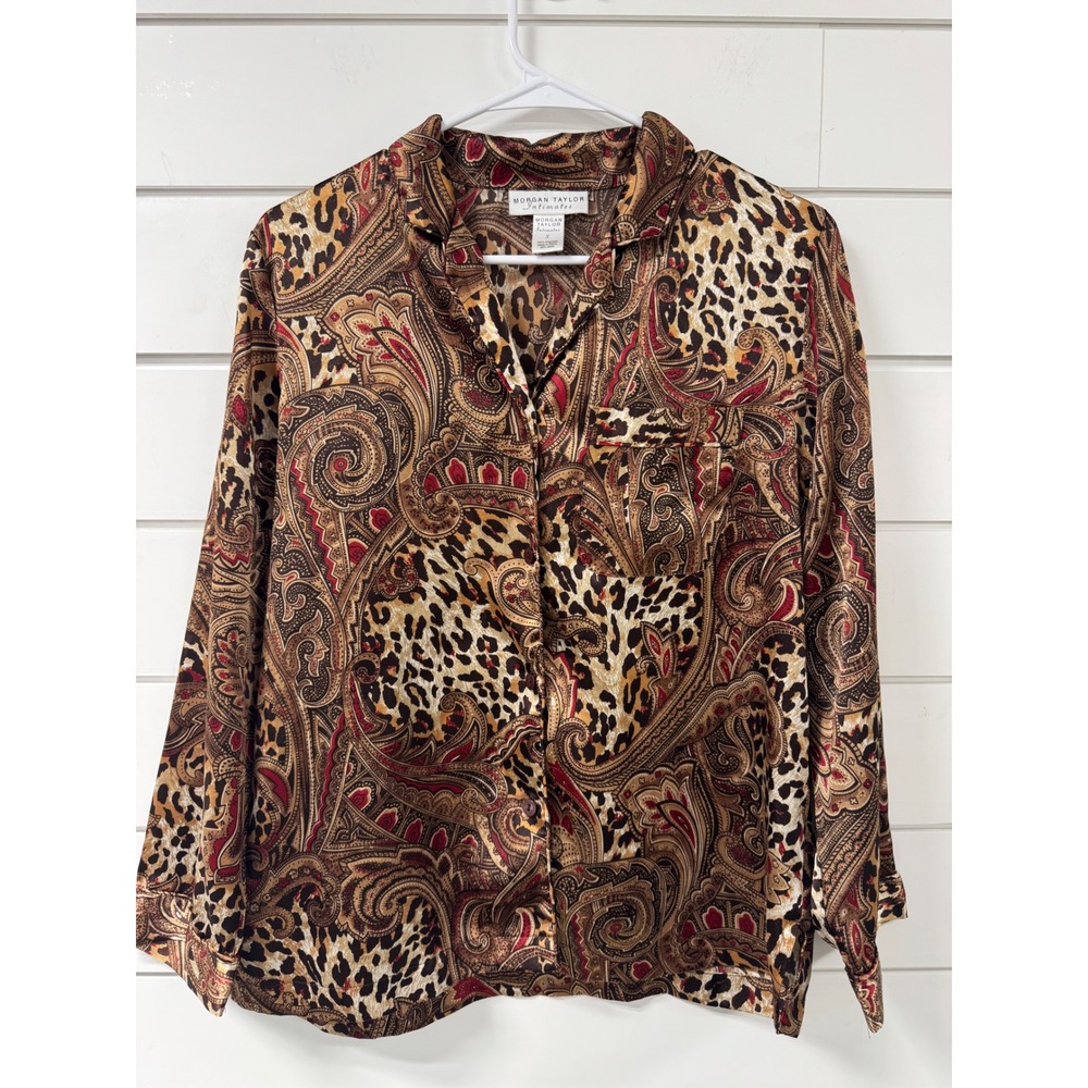 Morgan Taylor Intimates Pajama Top Small Leopard Paisley Satin Button Up Shirt